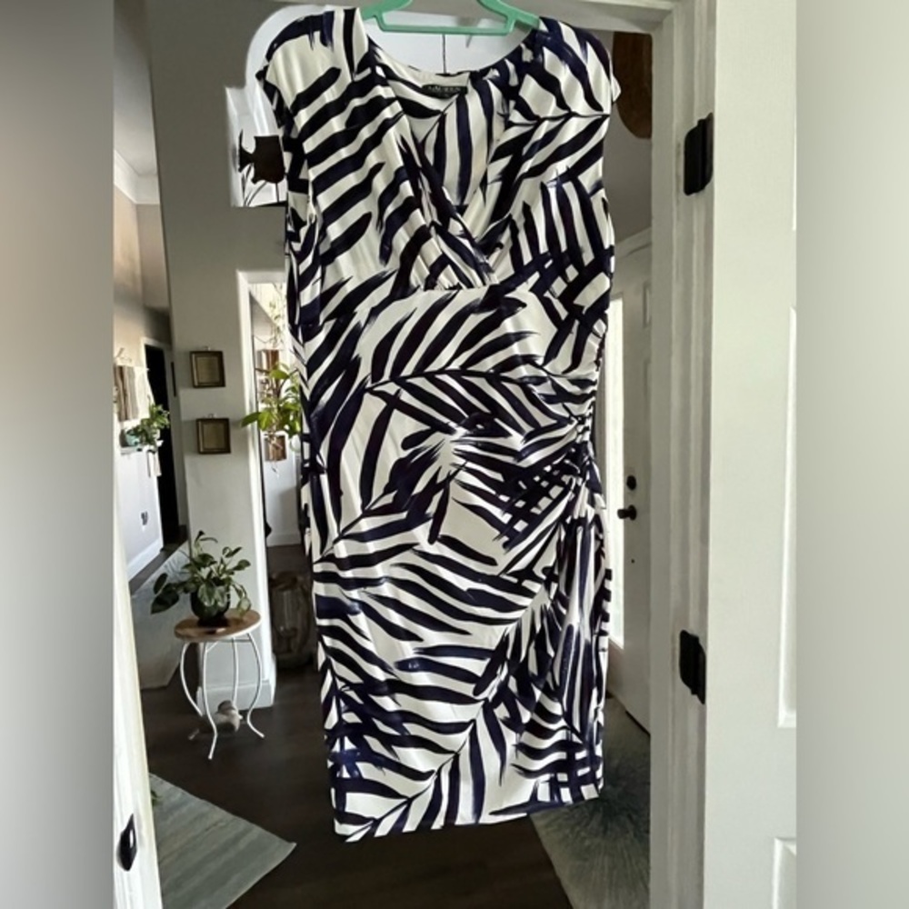 LAUREN Ralph Lauren Asymmetrical Ruched Front Black‎ Blue White Dress Size 16 - Picture 2 of 13